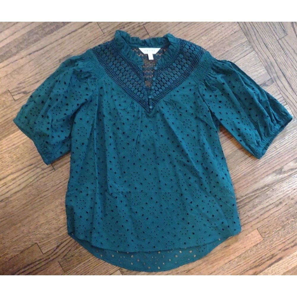 Adiva Teal Cotton Eyelet Blouse Medium Crochet Lace Boho Peasant Top Puff Sleeve